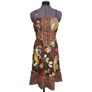 Vtg‎ Y2K Boho Dress Floral Sundress Brown Cotton Ruffle Hem Festival Kenzie M